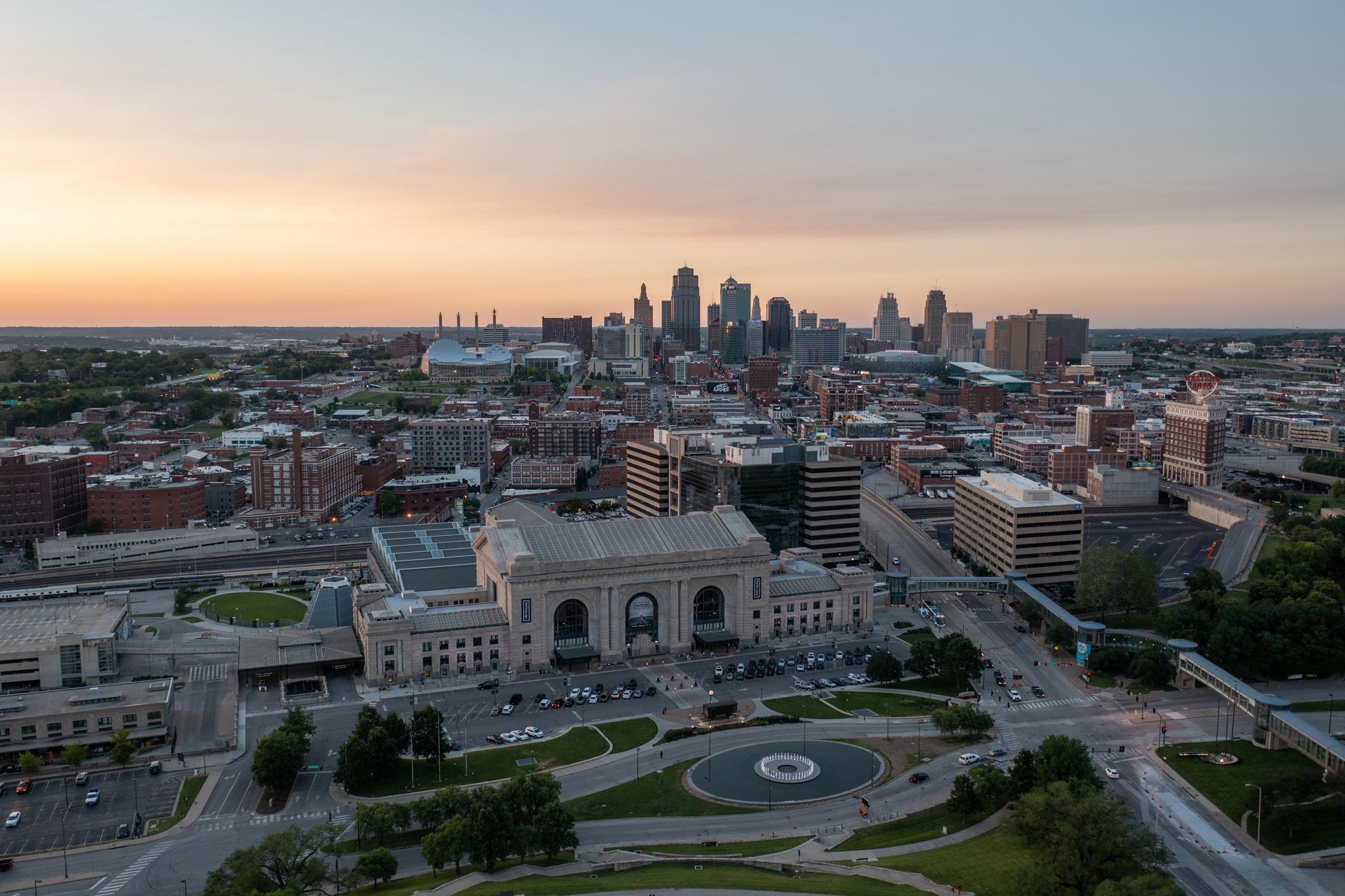 Drone Shot of Kansas City Skyline and Union Station at Sunset